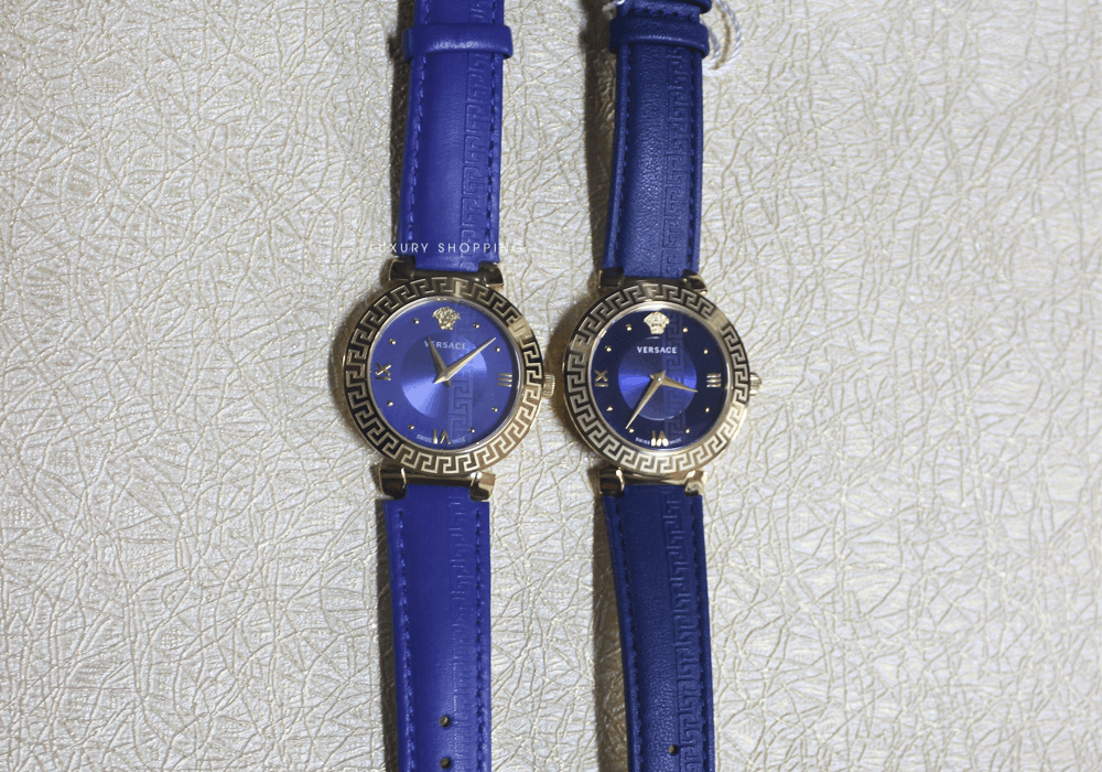 tổng thể hai mẫu đồng hồ Versace thật và giả